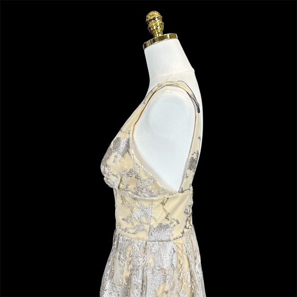 Metallic Floral Lace V-Neck Formal Gown Open Back A-Line Prom Dress Champagne - Picture 6 of 11